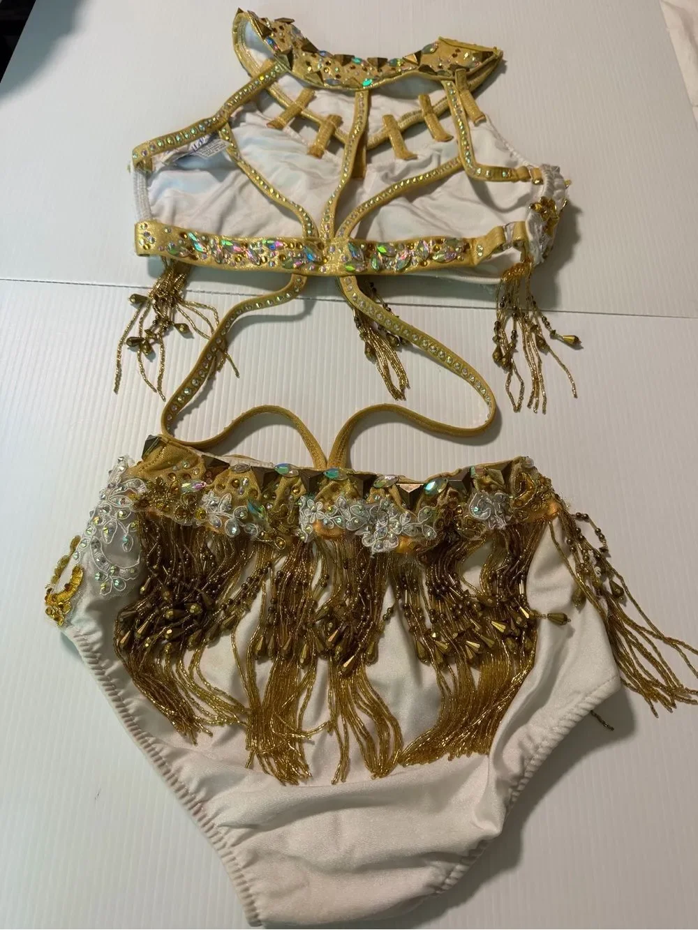 Glamour solo dance costume 2 piece style white gold greek goddess MA-Medium